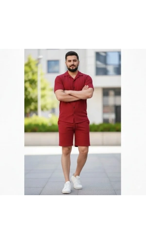 Bidebuvar Erkek Waffle Kumaş Kısa Kollu Gömlek Şort Takım Regular Fit Yazlık İkili Set - Bordo