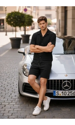 Bidebuvar Erkek Waffle Kumaş Kısa Kollu Gömlek Şort Takım Regular Fit Yazlık İkili Set - Siyah