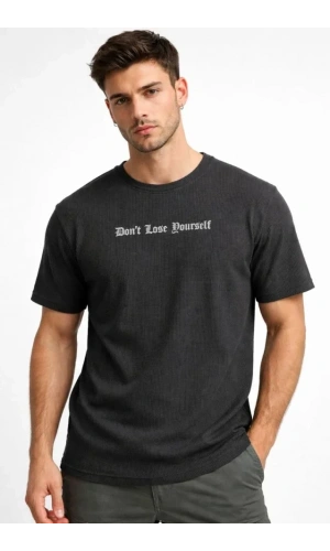 Bidebuvar Erkek Wafıl Kumaş Tişört Regular Kalıp Bisiklet Yaka Baskılı Günlük Basic T-Shirt - Siyah