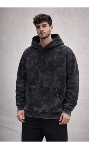 Bidebuvar Erkek Yağ Yıkamalı Kapşonlu Double Oversize Üç İplik Pamuklu Sweatshirt - Siyah