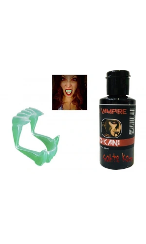 Bidebuvar Fosforlu Çift Damak Takma Vampir Dişi ve 50 gr Tiyatro Kanı Set