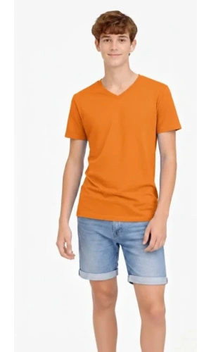 Bidebuvar Genç Erkek Çocuk V Yaka Tişört Yazlık Model Günlük Basic Body - Turuncu