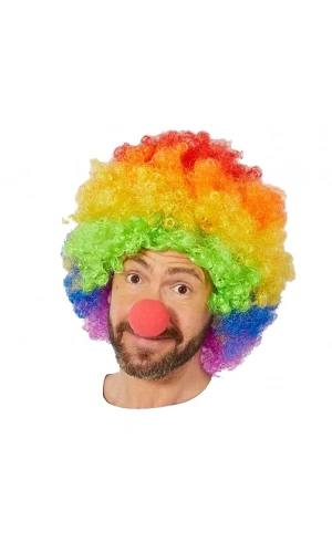 Bidebuvar Gökkuşağı Afro Peruk ve Kırmızı Sünger Burun