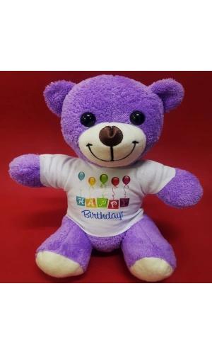 Bidebuvar Happy Birthday Tişörtlü Peluş Mor Ayıcık