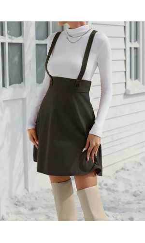 Bidebuvar Kadın Askılı Düğmeli Mini Süet Elbise