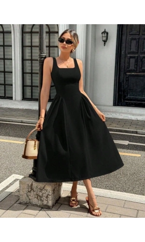 Bidebuvar Kadın Askılı Kare Yakalı Uzun Ithal Krep Elbise