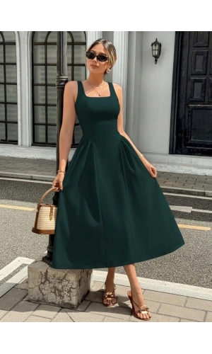 Bidebuvar Kadın Askılı Kare Yakalı Uzun Ithal Krep Elbise