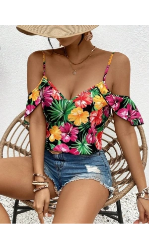 Bidebuvar Kadın Askılı Omuzlardan Açık çiçek Baskılı Bluz