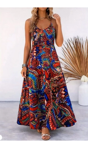 Bidebuvar Kadın Askılı V Yakalı Desenli Uzun Süprem Elbise