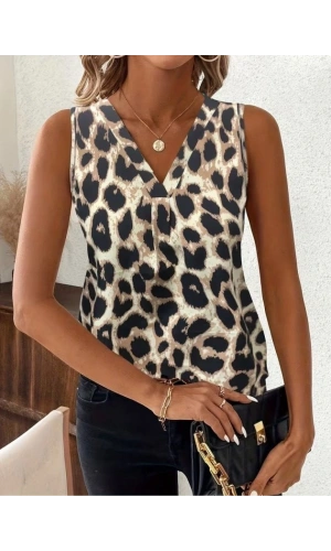 Bidebuvar Kadın Askılı V Yakalı Leopar Desenli Süprem Bluz