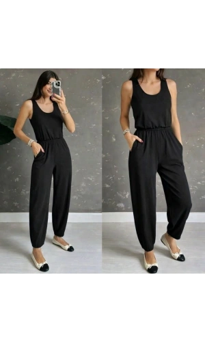 Bidebuvar Kadın Askılı Yuvarlak Yakalı Cepli Viskon Tulum