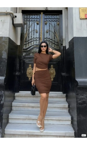 Bidebuvar Kadın Bel Dekolteli Yanı Büzgü Detay Dalgıç Krep Kumaş Mini Elbise