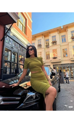 Bidebuvar Kadın Bel Dekolteli Yanı Büzgü Detay Dalgıç Krep Kumaş Mini Elbise