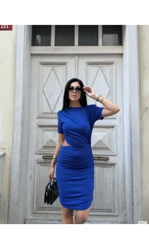 Bidebuvar Kadın Bel Dekolteli Yanı Büzgü Detay Dalgıç Krep Kumaş Mini Elbise