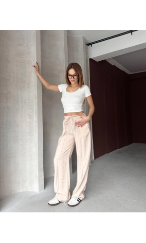 Bidebuvar Kadın Beli Lastikli çımalı Tensel Kumaş Ispanyol Paça Pantolon