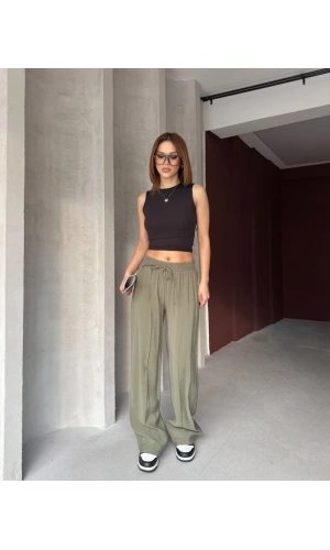 Bidebuvar Kadın Beli Lastikli çımalı Tensel Kumaş Ispanyol Paça Pantolon