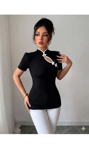 Bidebuvar Kadın Beyaz şerit Detaylı Dar Kesim Dik Yaka Bluz