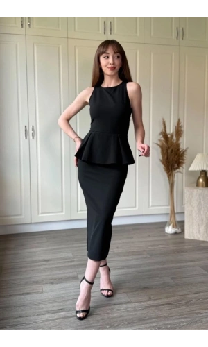 Bidebuvar Kadın Bisiklet Yaka Volan Detay Double Kumaş Midi Boy Elbise