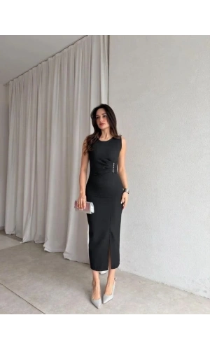 Bidebuvar Kadin Bisiklet Yaka Yandanda Kulplu Yirtmac Detay Maxi Boy Elbise