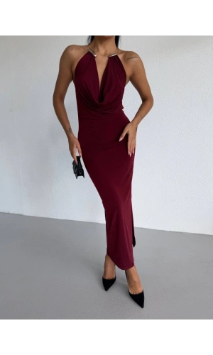 Bidebuvar Kadın Boyun Aksesuarlı Halter Yaka Maxi Boy Sandy Kumaş Elbise