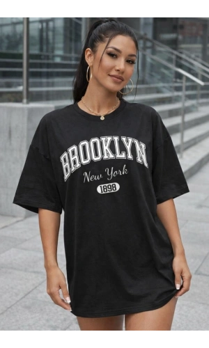 Bidebuvar Kadın Brooklyn New York Baskılı Oversize T-shirt