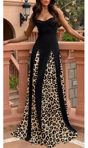 Bidebuvar Kadın Dalgıç Kumaş Leopar Desenli Kloş Elbise