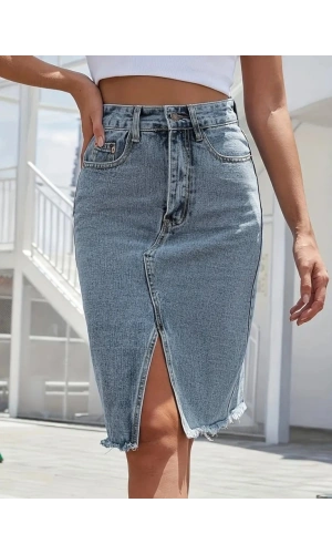 Bidebuvar Kadın Elastik Bel Yırtık Kenar Detaylı Kot Etek