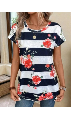 Bidebuvar Kadın Gül Desenli çizgili Süprem Tshirt