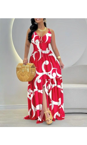 Bidebuvar Kadın Ip Askılı Dekolteli Bağcıklı Yırtmaçlı Desenli Süprem Elbise