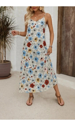 Bidebuvar Kadın Ip Askılı Geniş V Yakalı Desenli Süprem Elbise