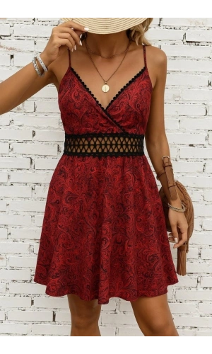 Bidebuvar Kadın Ip Askılı Kruvaze Yakalı Desenli Mini Süprem Mini Elbise