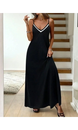 Bidebuvar Kadın Ip Askılı V şerit Yakalı Uzun Viskon Elbise