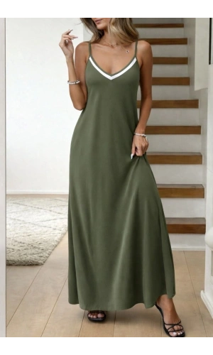 Bidebuvar Kadın Ip Askılı V şerit Yakalı Uzun Viskon Elbise