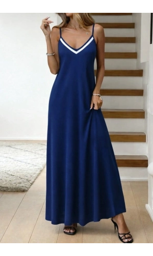 Bidebuvar Kadın Ip Askılı V şerit Yakalı Uzun Viskon Elbise