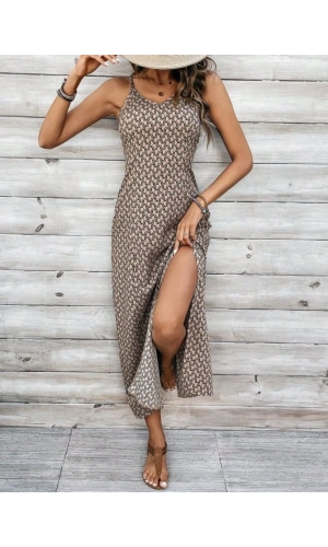 Bidebuvar Kadın Ip Askılı V Yakalı Yırtmaçlı Uzun Süprem Elbise