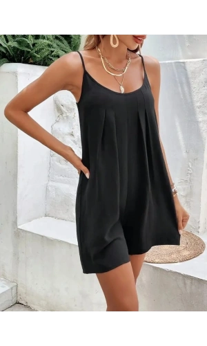 Bidebuvar Kadın Ip Askılı Yuvarlak Yakalı Pileli Viskon Tulum