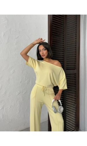 Bidebuvar Kadın İsa Kollu Kayık Yaka Bluz Ve Pantolon Misal Kumaş Ikili Takım