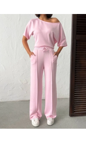 Bidebuvar Kadın İsa Kollu Kayık Yaka Bluz Ve Pantolon Misal Kumaş Ikili Takım