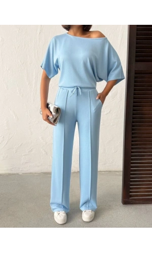 Bidebuvar Kadın İsa Kollu Kayık Yaka Bluz Ve Pantolon Misal Kumaş Ikili Takım