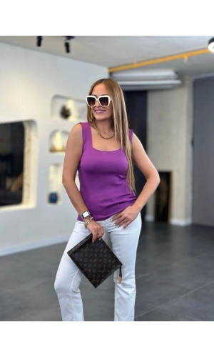 Bidebuvar Kadın Kare Yaka Kalın Askılı Beyaz Triko Bluz