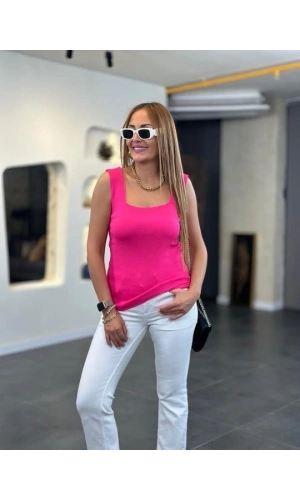 Bidebuvar Kadın Kare Yaka Kalın Askılı Beyaz Triko Bluz