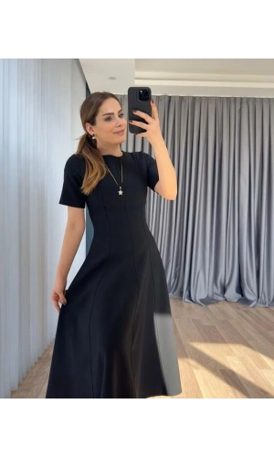 Bidebuvar Kadın Kısa Kollu Bisiklet Yaka Maksi Boy Ithal Krep Elbise