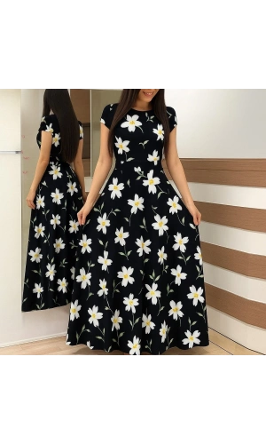 Bidebuvar Kadın Kısa Kollu Bisiklet Yaka Puantiyeli Maksi örme Krep Elbise