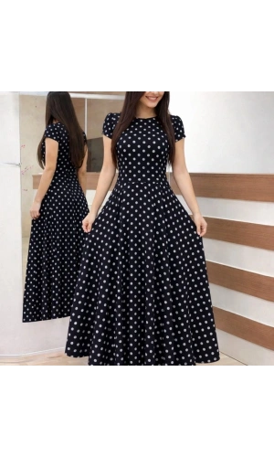 Bidebuvar Kadın Kısa Kollu Bisiklet Yaka Puantiyeli Maksi örme Krep Elbise