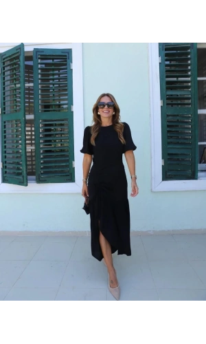 Bidebuvar Kadın Kısa Kollu Bisiklet Yakalı Yandan Yırtmaçlı Büzgülü Janjan Krep Elbise