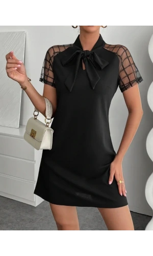 Bidebuvar Kadın Kısa Kollu Boyundan Bağlamalı Omuzlarda Tül Detaylı Janjan Krep Elbise