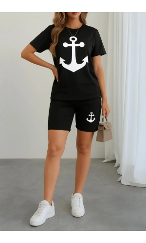 Bidebuvar Kadın Kısa Kollu çapa Baskılı Viskon Ikili Takım