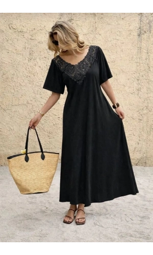 Bidebuvar Kadın Kısa Kollu Dantel Güpür Detay V Yaka Maxi Boy Elbise