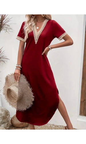 Bidebuvar Kadın Kısa Kollu Dantel V Yakalı Uzun Viskon Elbise