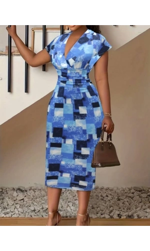 Bidebuvar Kadın Kısa Kollu Derin V Yaka Dalgıç Midi Elbise